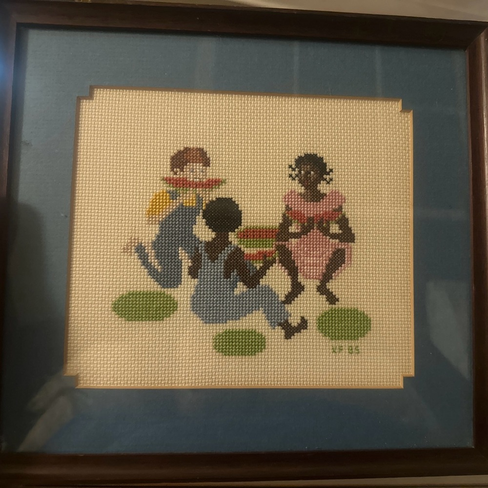3 Charleston Flower lady vintage cross stitchings framed and 1 Africana America